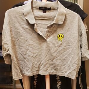 Faded Rose Grey Cropped Polo with Yellow Drip Smile Patch